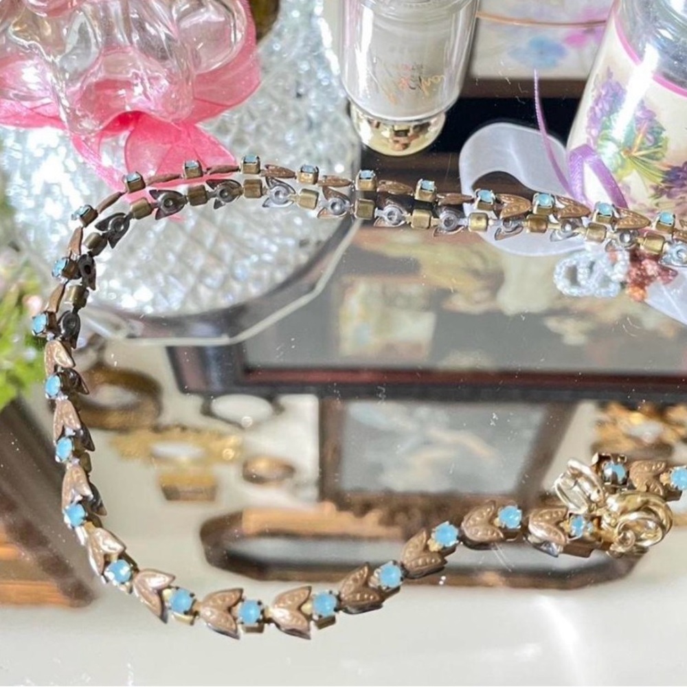 Elegant Vintage Brass Gold and Blue Necklace